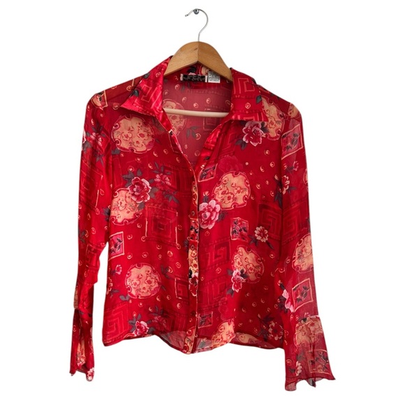 Vintage NYC Design Co Silk Sheer Blouse Small Red Button Up Romantic - Picture 1 of 7